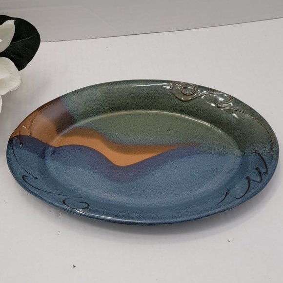 Cady Clay Works Seagrove NC Studio Pottery Ceramic Oval Platter Plate Blue Green